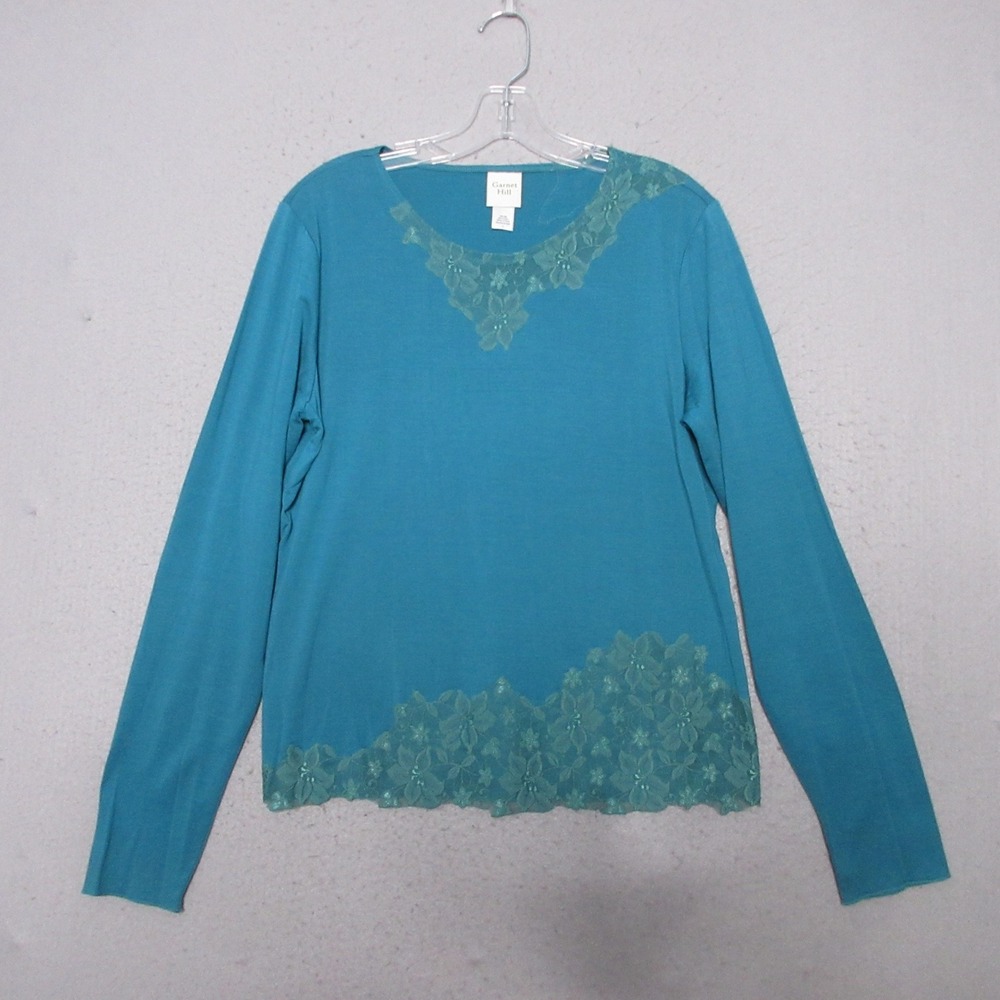 Garnet Hill Top Large Blue Silk Cotton Blend Lace Trim Cottage Core Boho Peasant